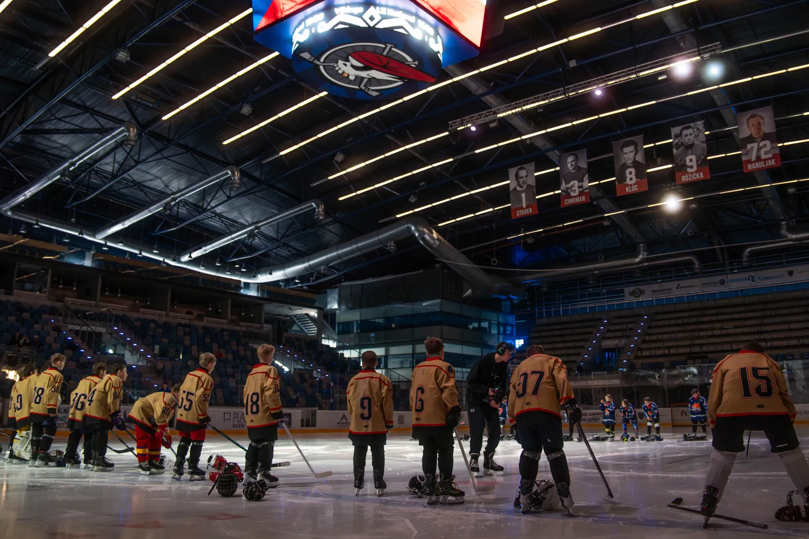 Teams lined up on the blue line